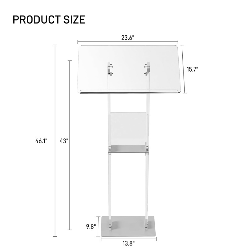 Clear Acrylic Podium Stand with Metal Base  Lucite Lectern Pulpits for Classroom Weddings Churches Speech with Storage Shelf