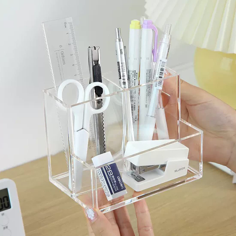 Clear Acrylic Pen Holder Clear for Desk Pencil Holder Desk Organizers Cup with 3 Compartments Pen Storage