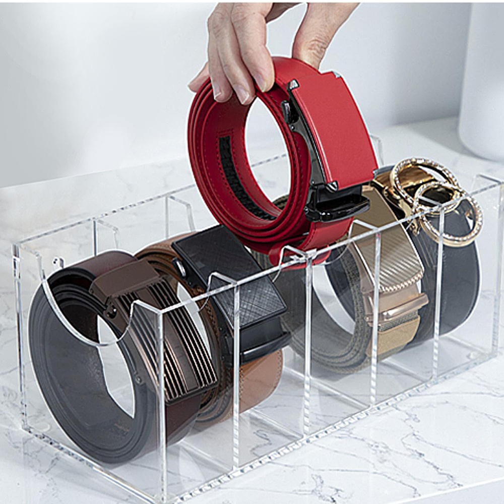 Wall Mount Acrylic Belt Organizer Holder with 5 Grid Belt Storage Box for Closet and Drawer for Belt Tie Watch Cosmetic