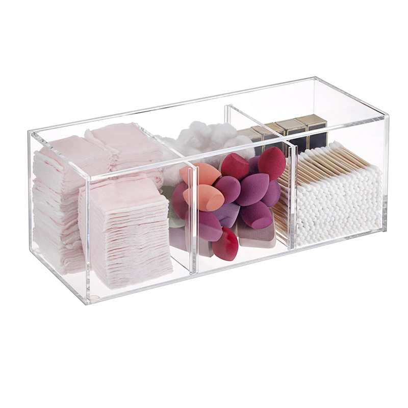 bespoke removable divided clear acrylic vanity desk organizer with 3 slots and lid for hair accessories