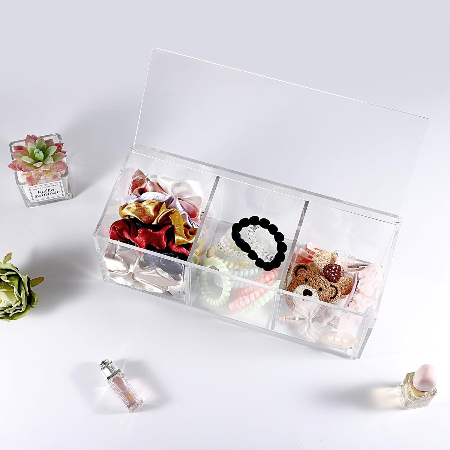 bespoke removable divided clear acrylic vanity desk organizer with 3 slots and lid for hair accessories