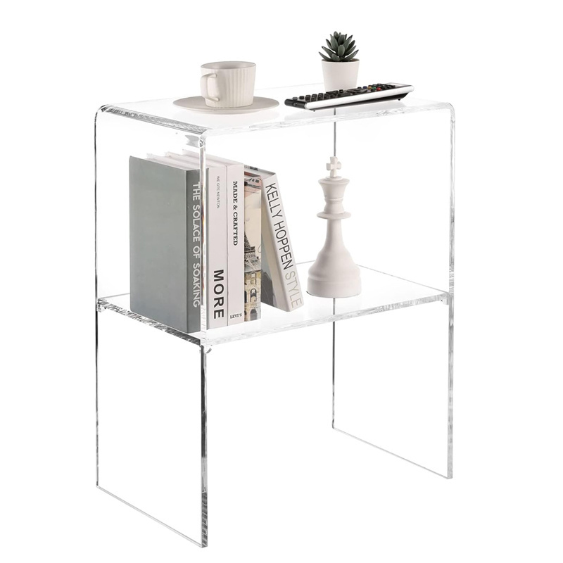 bespoke 24 inches tall OEM premium clear acrylic living room end corner table with 2 open shelves for home decor