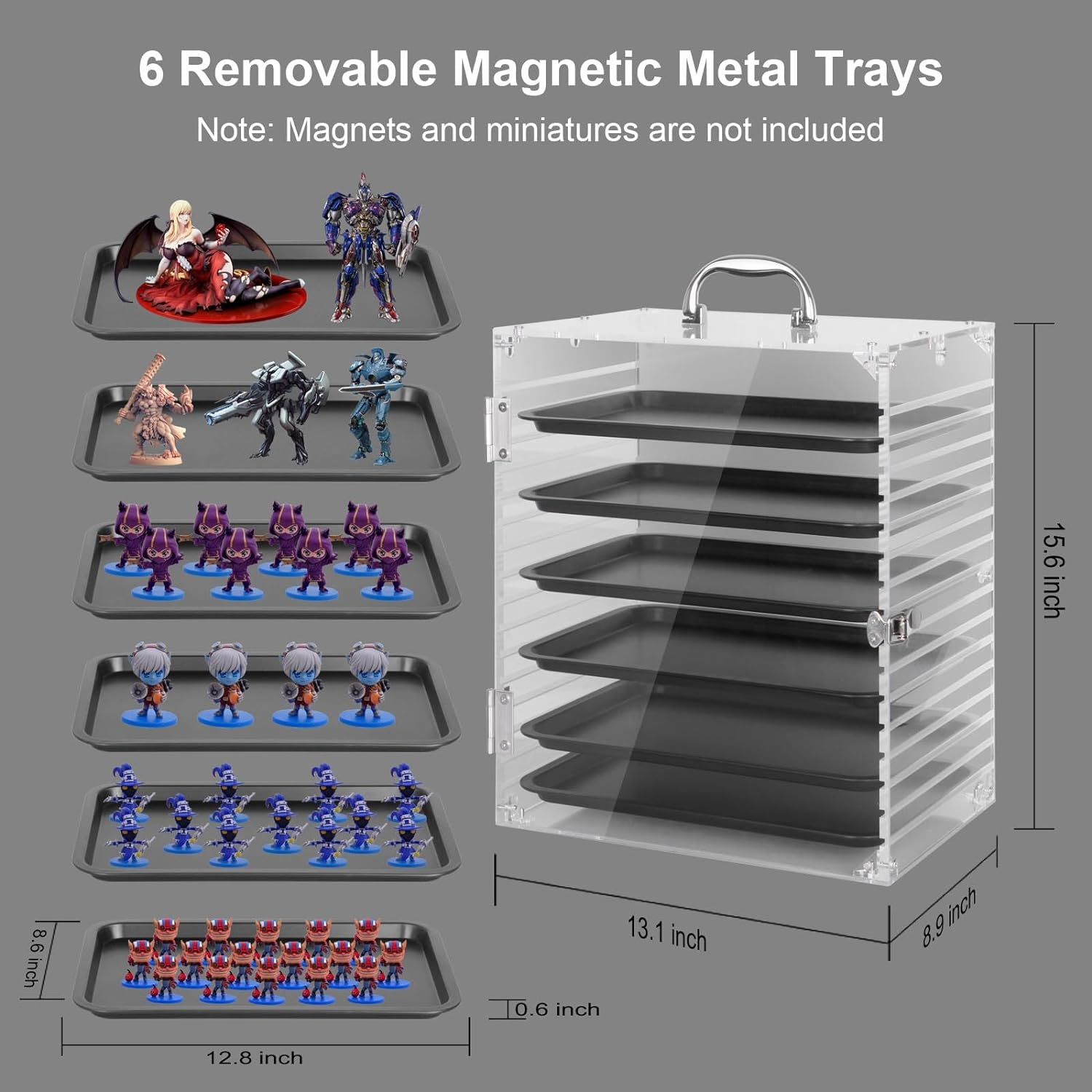 bespoke clear acrylic miniature storage case portable carrying display showcase with 4 metal tray