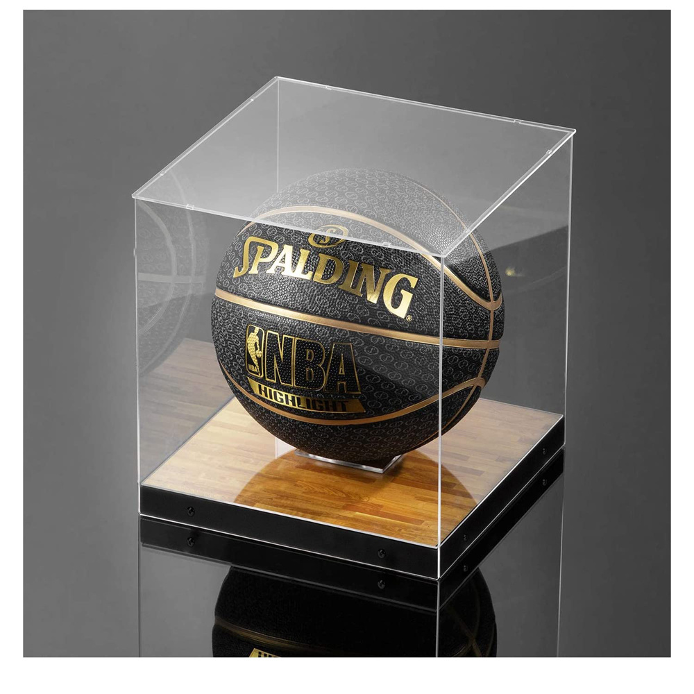 Clear Acrylic Basketball Display Case with Wooden Base Storage for Collectible Sports Memorabilia Holder Cube Case