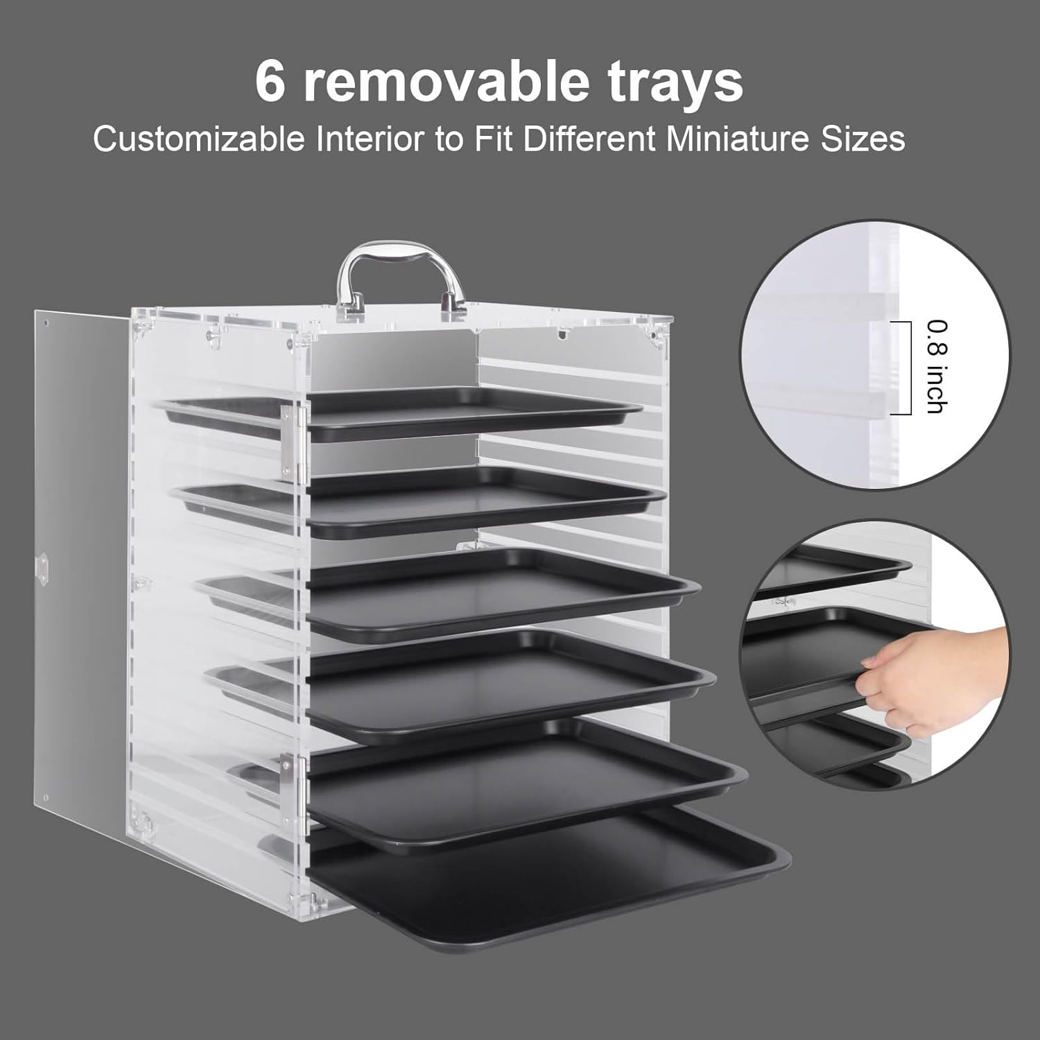 bespoke clear acrylic miniature storage case portable carrying display showcase with 4 metal tray