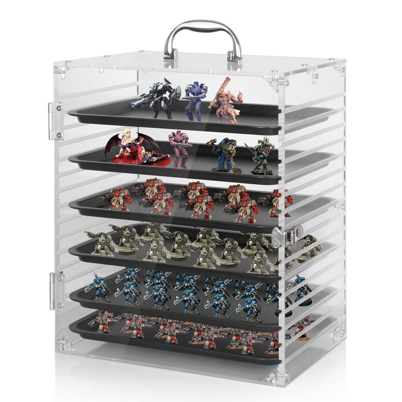 bespoke clear acrylic miniature storage case portable carrying display showcase with 4 metal tray