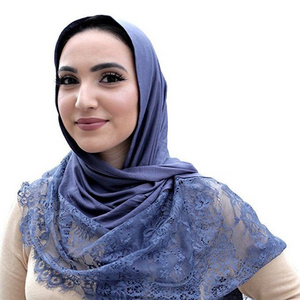 New arrival fashion women soft stretchy plain islamic cotton premium 170*50 cm jersey lace hijab scarf