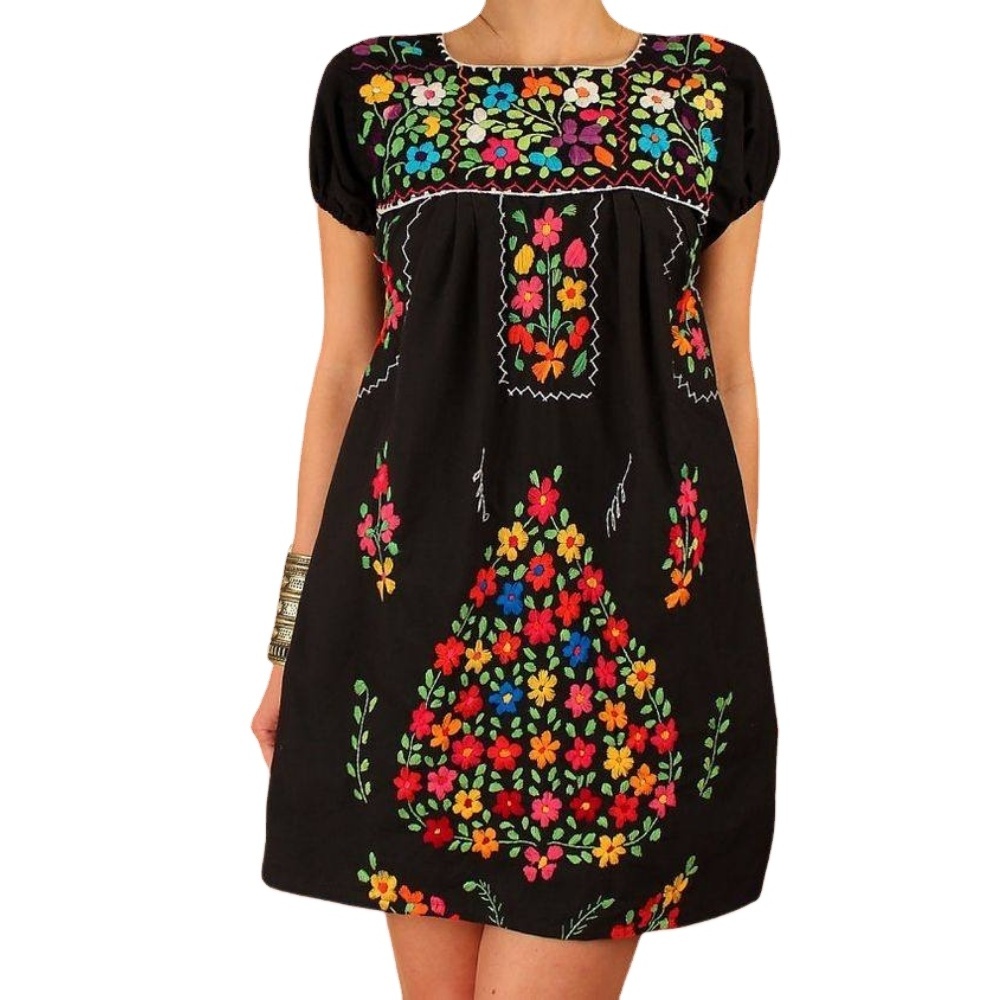 Wholesale Abaya Muslim Dresses Women Summer Latest Mexican Embroidered Dress Women Ethnic Blouse Vintage Clothing High Quality