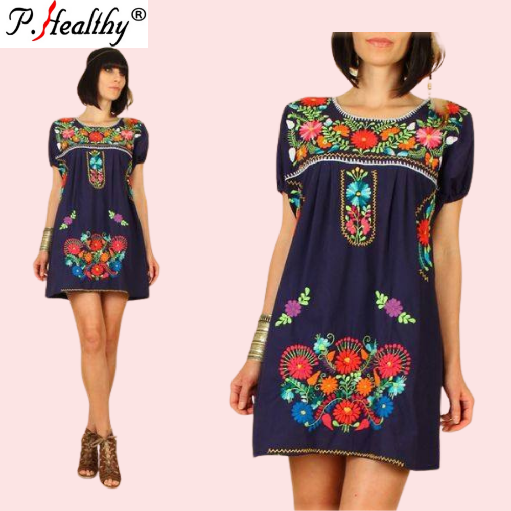 Wholesale Abaya Muslim Dresses Women Summer Latest Mexican Embroidered Dress Women Ethnic Blouse Vintage Clothing High Quality