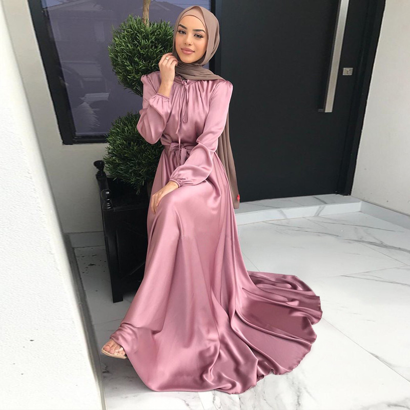 Designer Abaya Muslim Pure Color Satin Muslim Long Skirt Abaya Muslim Dresses Middle Eastern Robe Wholesale Long Dress Clothing