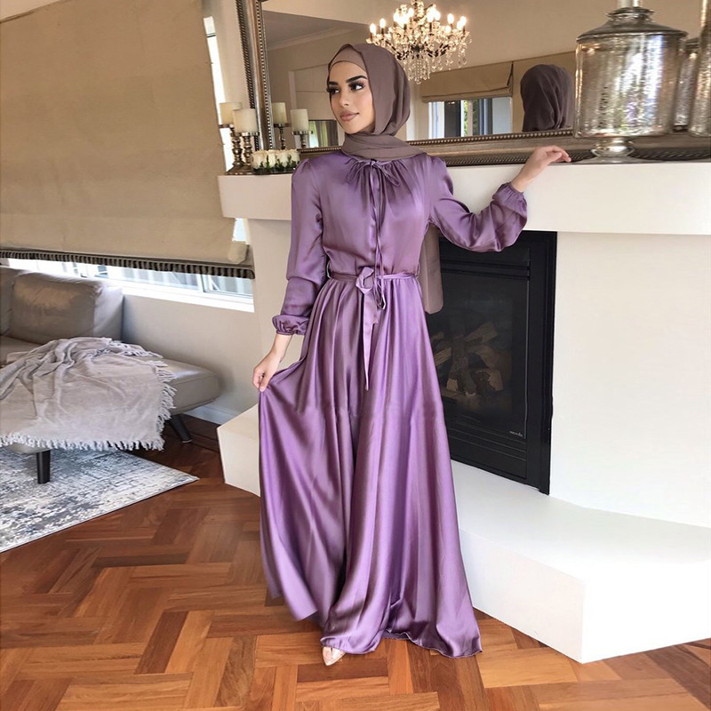 Designer Abaya Muslim Pure Color Satin Muslim Long Skirt Abaya Muslim Dresses Middle Eastern Robe Wholesale Long Dress Clothing