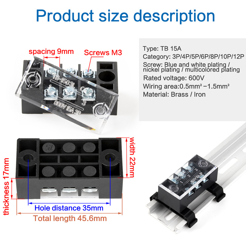 15A 3P 600V double row screw 20-16 AWG Brass conductor terminal TB1503 fixed type terminal block