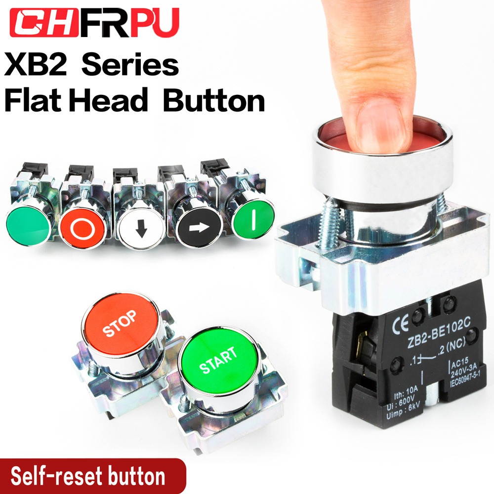 XB2 22mm momentary self-reset push button switch power start stop self-resetting black round flat head switch NO NC