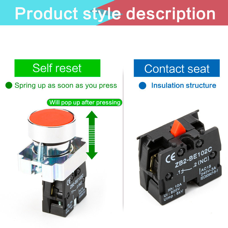 XB2 22mm momentary self-reset push button switch power start stop self-resetting black round flat head switch NO NC