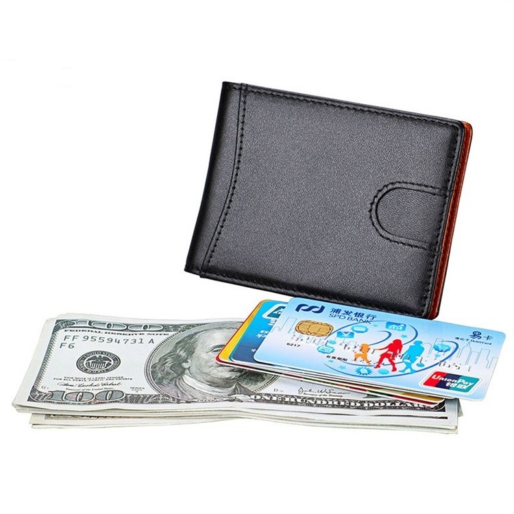 Genuine Leather Fold Money Clip Wallet  RFID Card Case Money Clip Purse Mens Front Pocket Wallet Metal Clamp for Money Holder