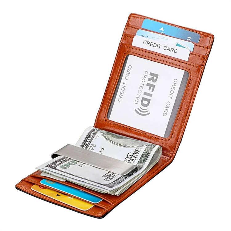 Genuine Leather Fold Money Clip Wallet  RFID Card Case Money Clip Purse Mens Front Pocket Wallet Metal Clamp for Money Holder