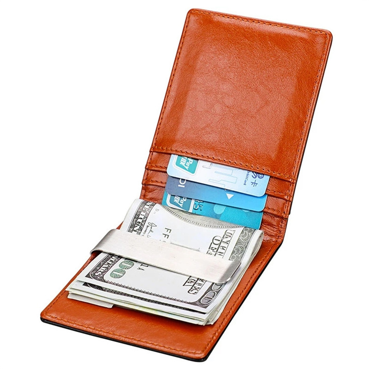 Genuine Leather Fold Money Clip Wallet  RFID Card Case Money Clip Purse Mens Front Pocket Wallet Metal Clamp for Money Holder