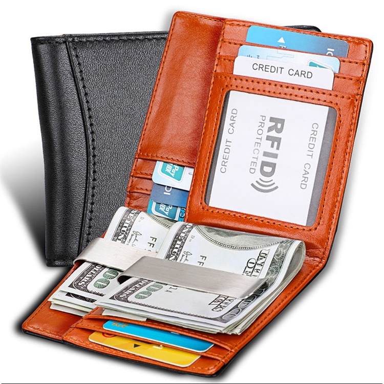 Genuine Leather Fold Money Clip Wallet  RFID Card Case Money Clip Purse Mens Front Pocket Wallet Metal Clamp for Money Holder