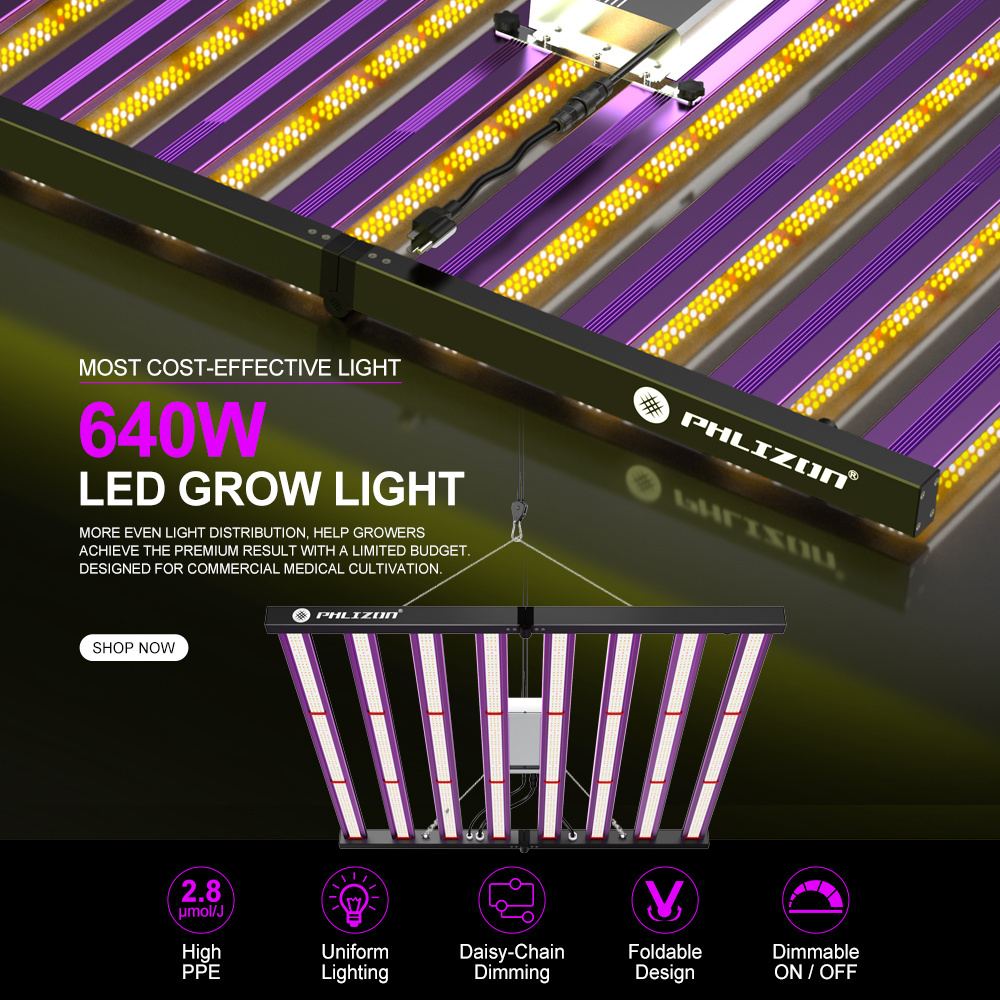 Phlizon LED Grow Light 640W Full Spectrum with Dimmable Daisy Chain 8 Bars Smart Control Commercial Plant Growing Light Fixture