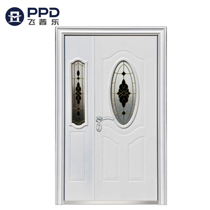 Double shed steel security door with half moon glass insert