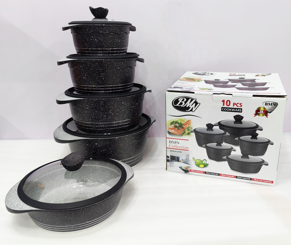 Good quality aluminium cookware 10pcs granite ceramic cooking pots set with glass lid factory wholesale