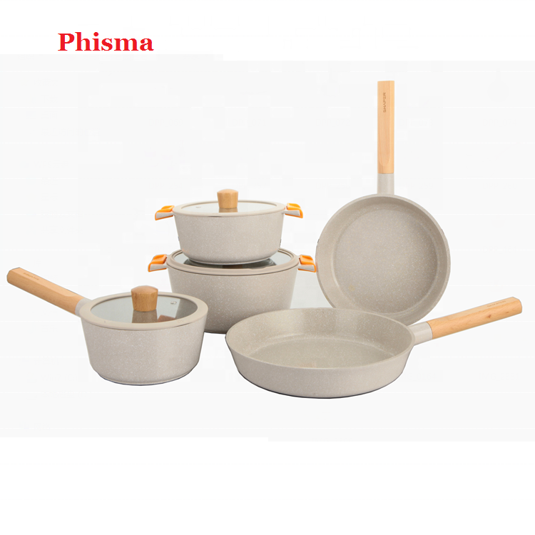 Phisma High quality ceramic cookware 8pcs  die cast  aluminum cookware with wood  handle kitchenware set