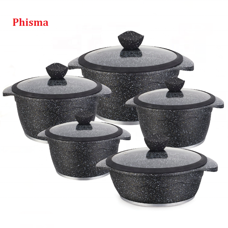 Good quality aluminium cookware 10pcs granite ceramic cooking pots set with glass lid factory wholesale