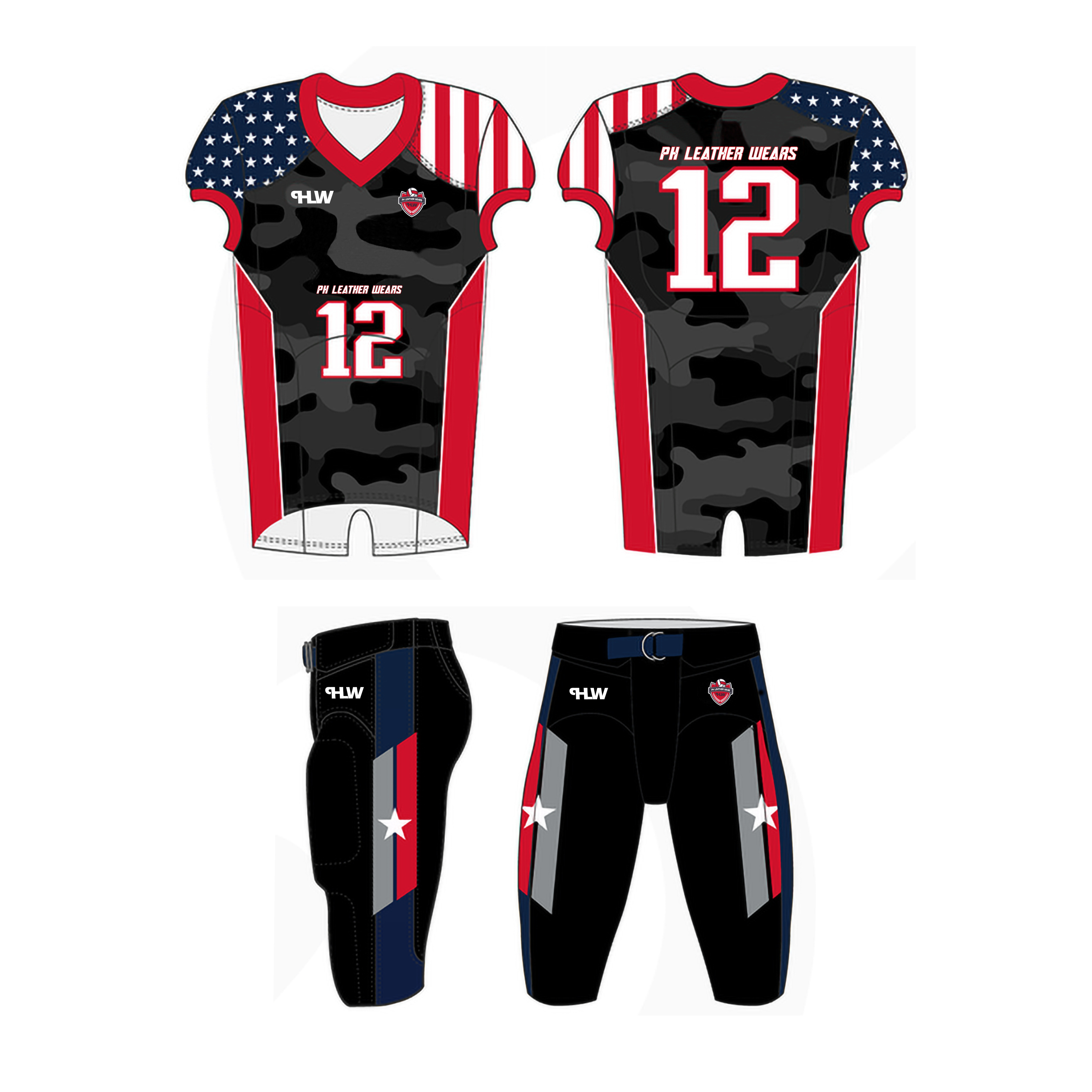 American Football Uniform With Full Sublimated American Flag and Camo Design, Custom Team Player Name American Football Uniform