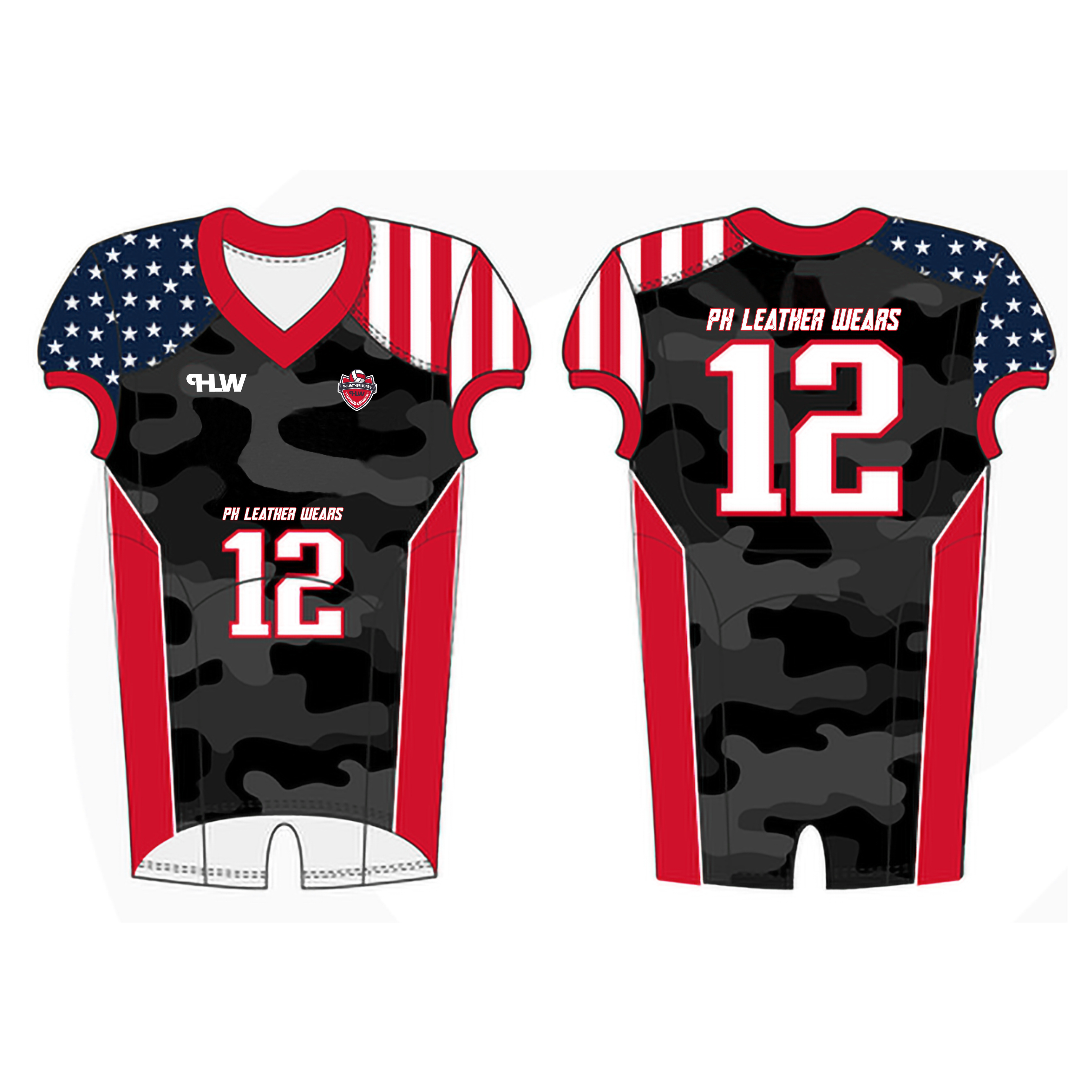 American Football Uniform With Full Sublimated American Flag and Camo Design, Custom Team Player Name American Football Uniform