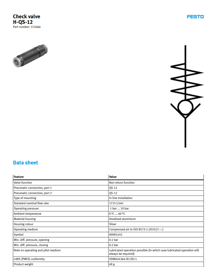 Wholesale original new H-QS-12 153466 Festos  Wholesale cylinder Check valve