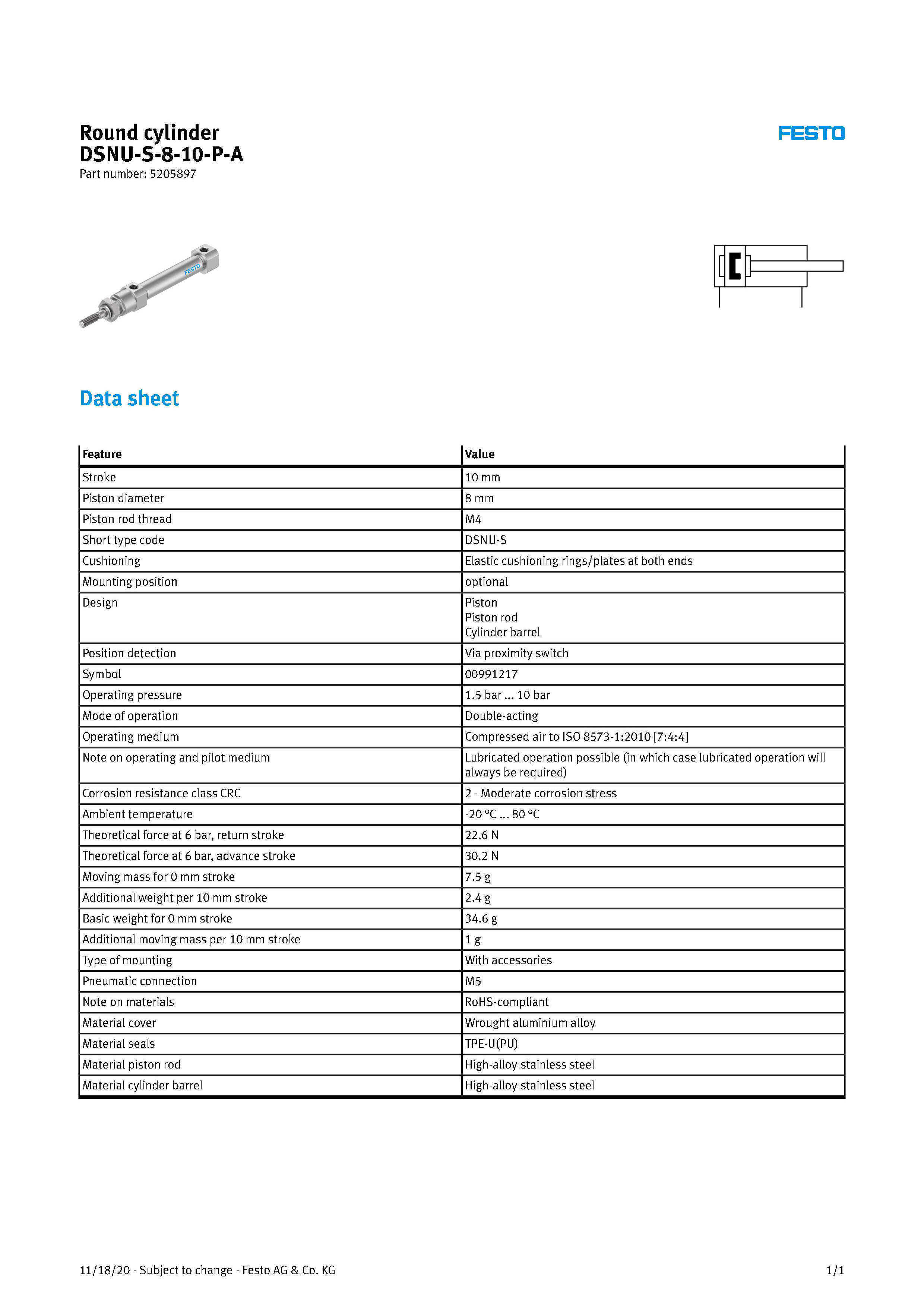 New and Original DSNU-S-8-10-P-A Standard Cylinder Festos Round Cylinder