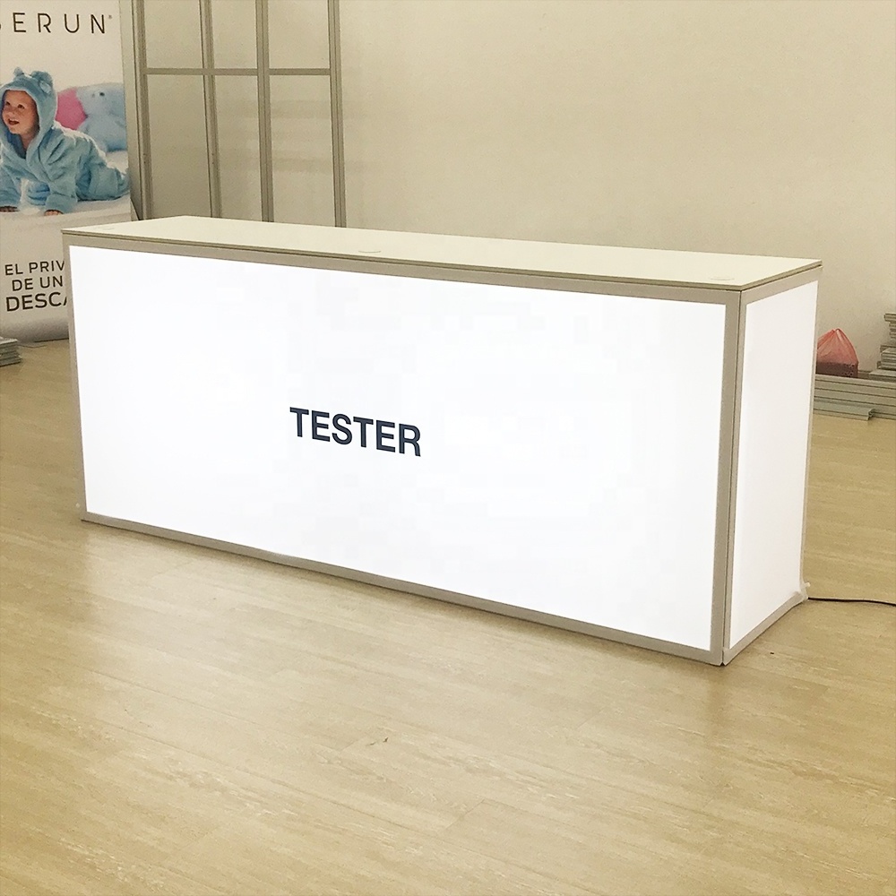 8ft Promotional Lockable LED Portable Aluminum Frameless Advertising Custom USB Chargeable Backlit Trade Show Exhibition Counter