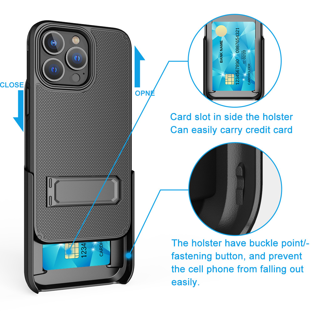 2 in 1 Belt Combo Armor Holster Shockproof Cell Phone Case For Iphone 14 Pro Max Kickstand Case With Card Holder Cover