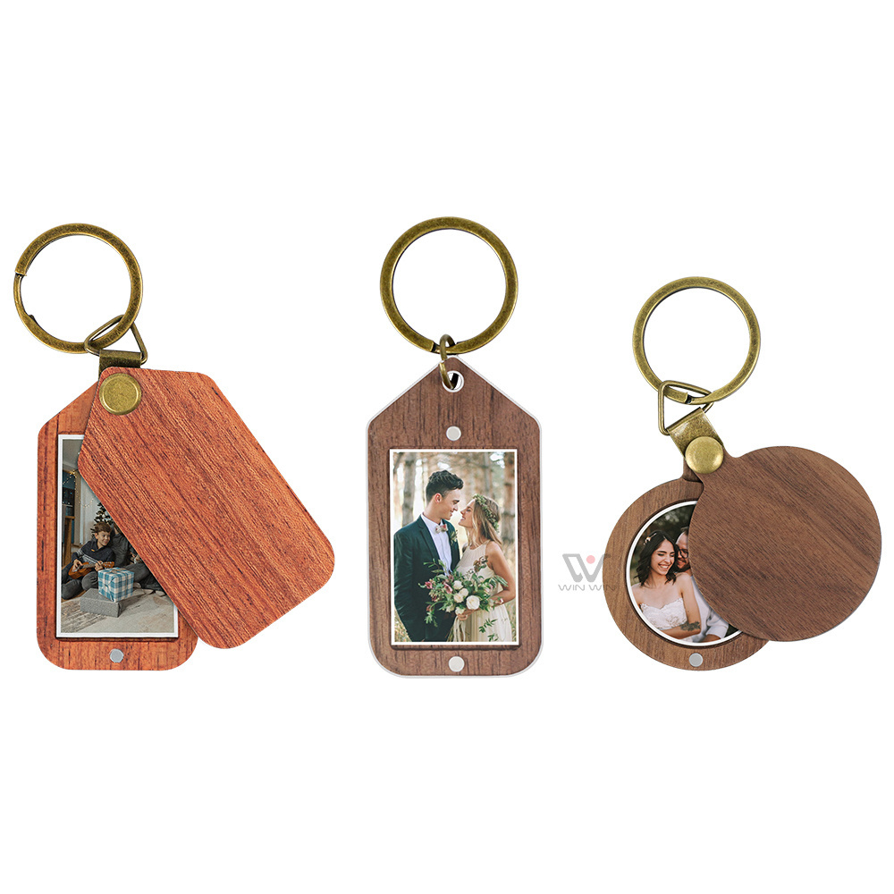 Metal Wooden Metal Keyring With Photo Frame Blank Engraving Loop Cross Pendant Wood Car Keychains Promotional Keychain