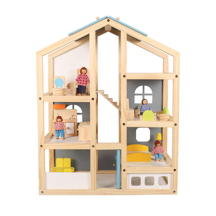 Wooden big open side doll house toys for kids children dollhouse 3+ with miniature furniture and mini dolls