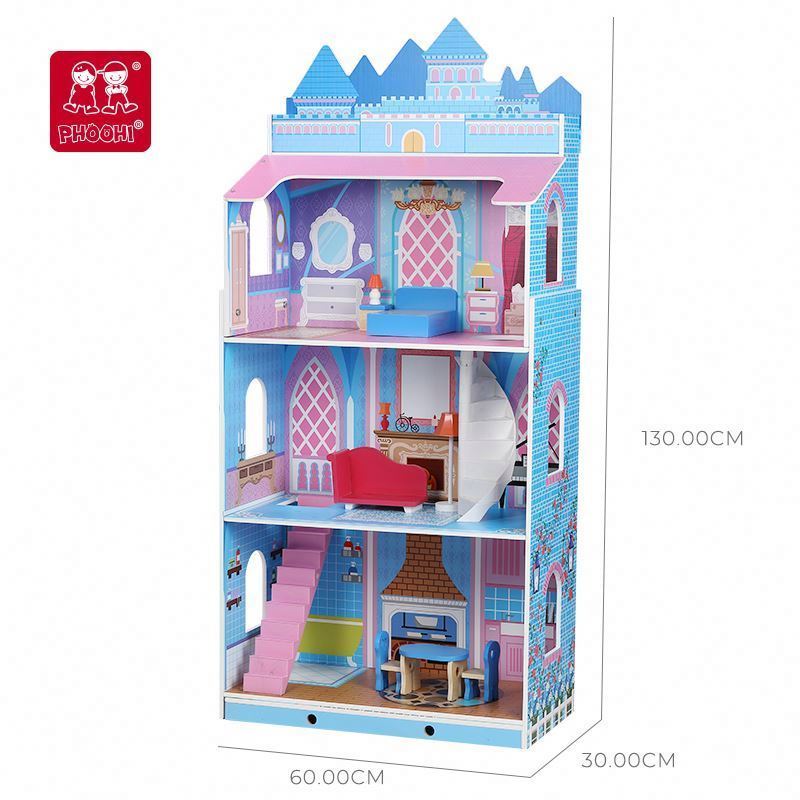 2024 New  3 floors Girls Petend Role Play Game Kids Big Wooden Doll House For Children