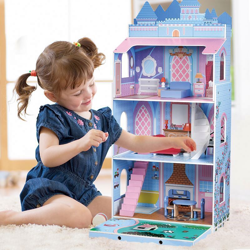 2024 New  3 floors Girls Petend Role Play Game Kids Big Wooden Doll House For Children