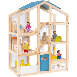 Wooden big open side doll house toys for kids children dollhouse 3+ with miniature furniture and mini dolls