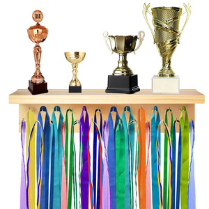 Wooden Medal Hanger Display Trophy Shelf with 5Pcs Steel Hooks, Awards Medals Holder Display Rack Trophy Shelf Wall Mount