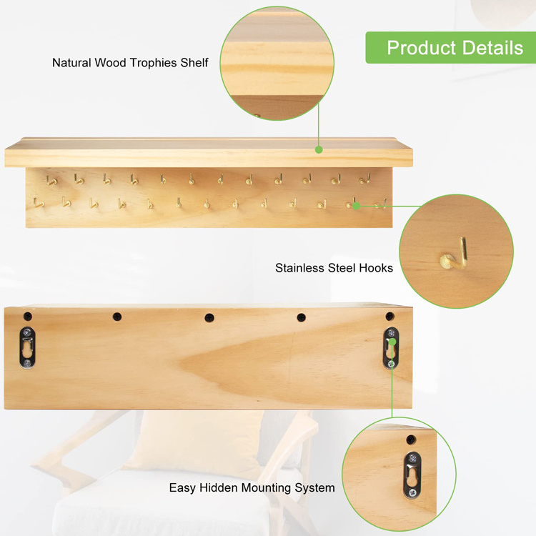 Wooden Medal Hanger Display Trophy Shelf with 5Pcs Steel Hooks, Awards Medals Holder Display Rack Trophy Shelf Wall Mount