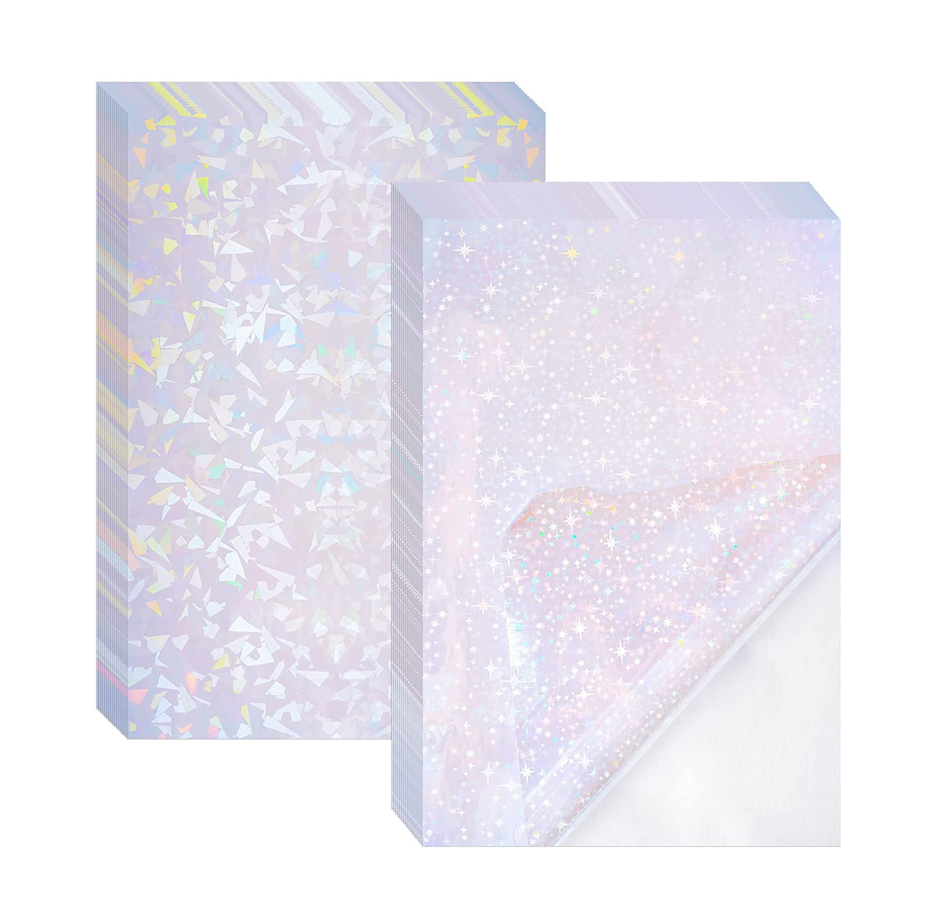 Holographic Sticker Paper Clear A4 Vinyl Sticker Paper Self-Adhesive Waterproof Transparent Film with Gem Spot Rainbow Star