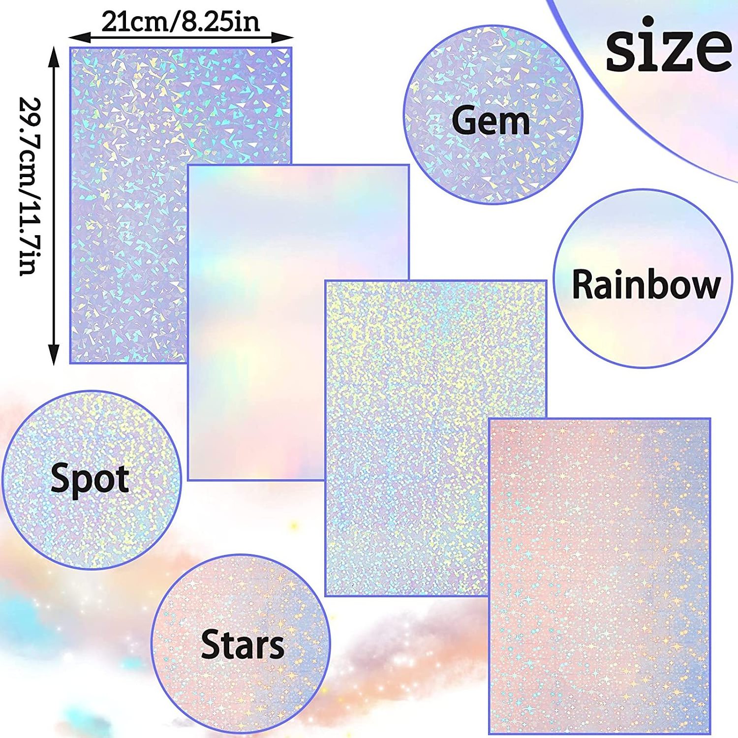 Holographic Sticker Paper Clear A4 Vinyl Sticker Paper Self-Adhesive Waterproof Transparent Film with Gem Spot Rainbow Star