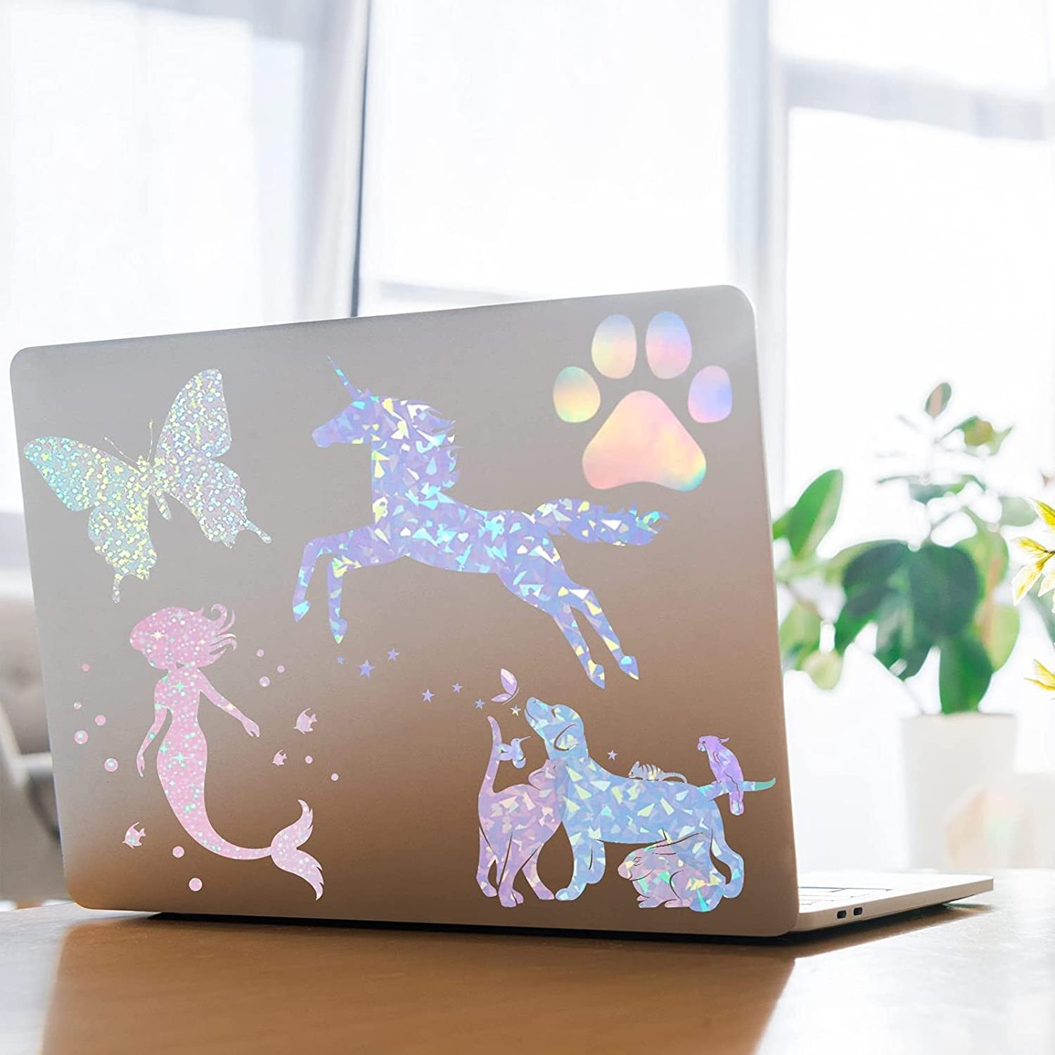 Holographic Sticker Paper Clear A4 Vinyl Sticker Paper Self-Adhesive Waterproof Transparent Film with Gem Spot Rainbow Star