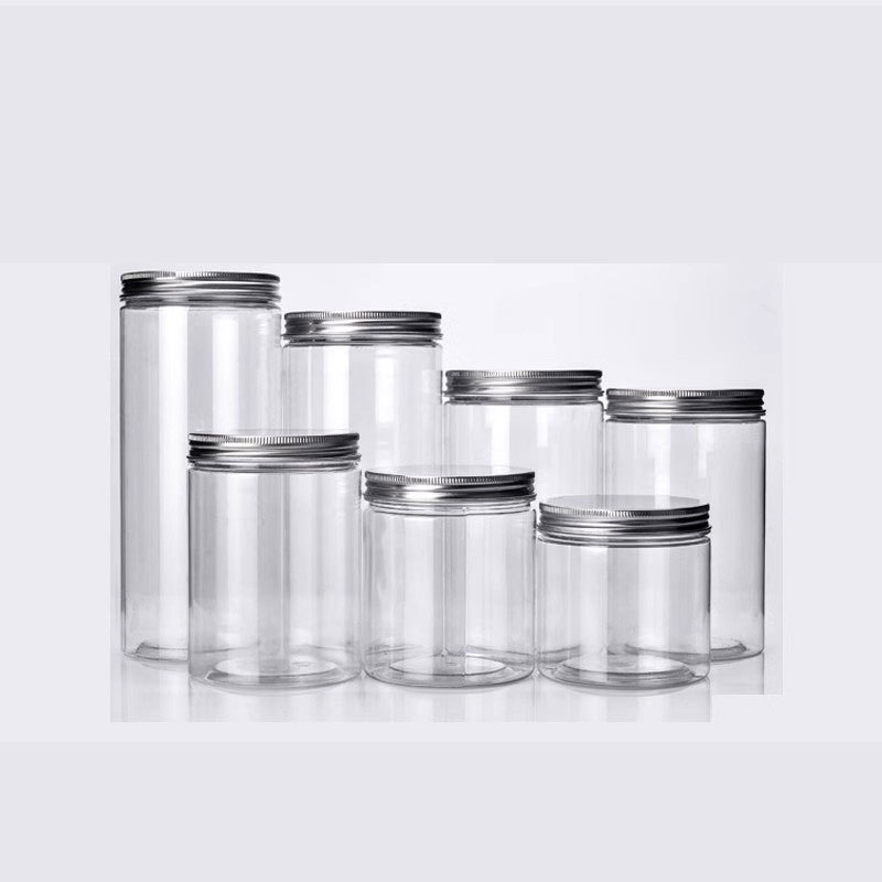 wholesale clear 50g 200ml 270ml 350ml 500ml  plastic food jars candy display jars cookie jars with Aluminum Cap for food storage