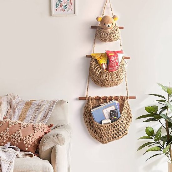 3-Tier Hanging Fruit Basket - Basket Plant Hanger - Handmade Cotton Rope Fruit Bowl Hanging Basket - Boho Hangable Etagere