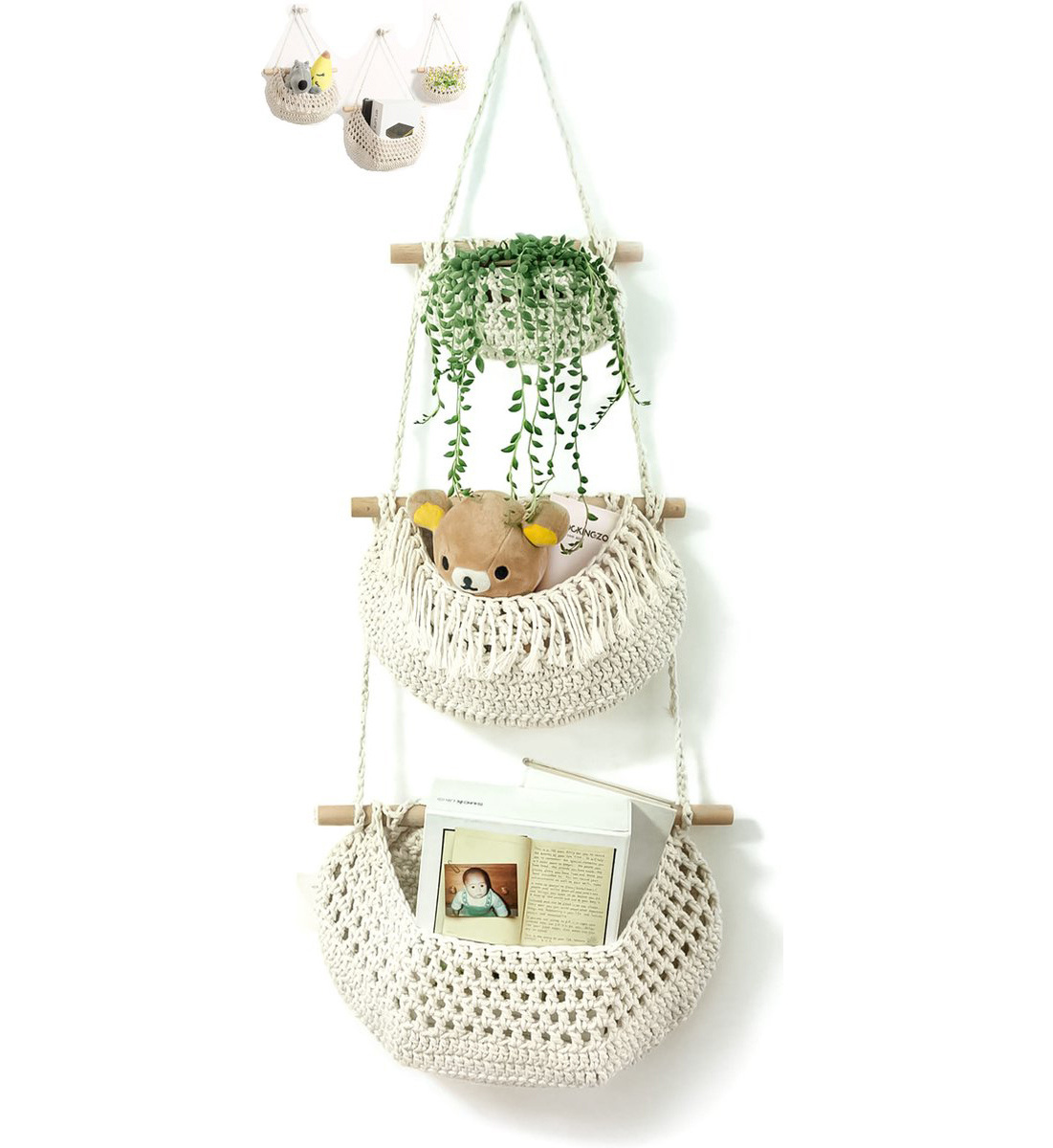 3-Tier Hanging Fruit Basket - Basket Plant Hanger - Handmade Cotton Rope Fruit Bowl Hanging Basket - Boho Hangable Etagere