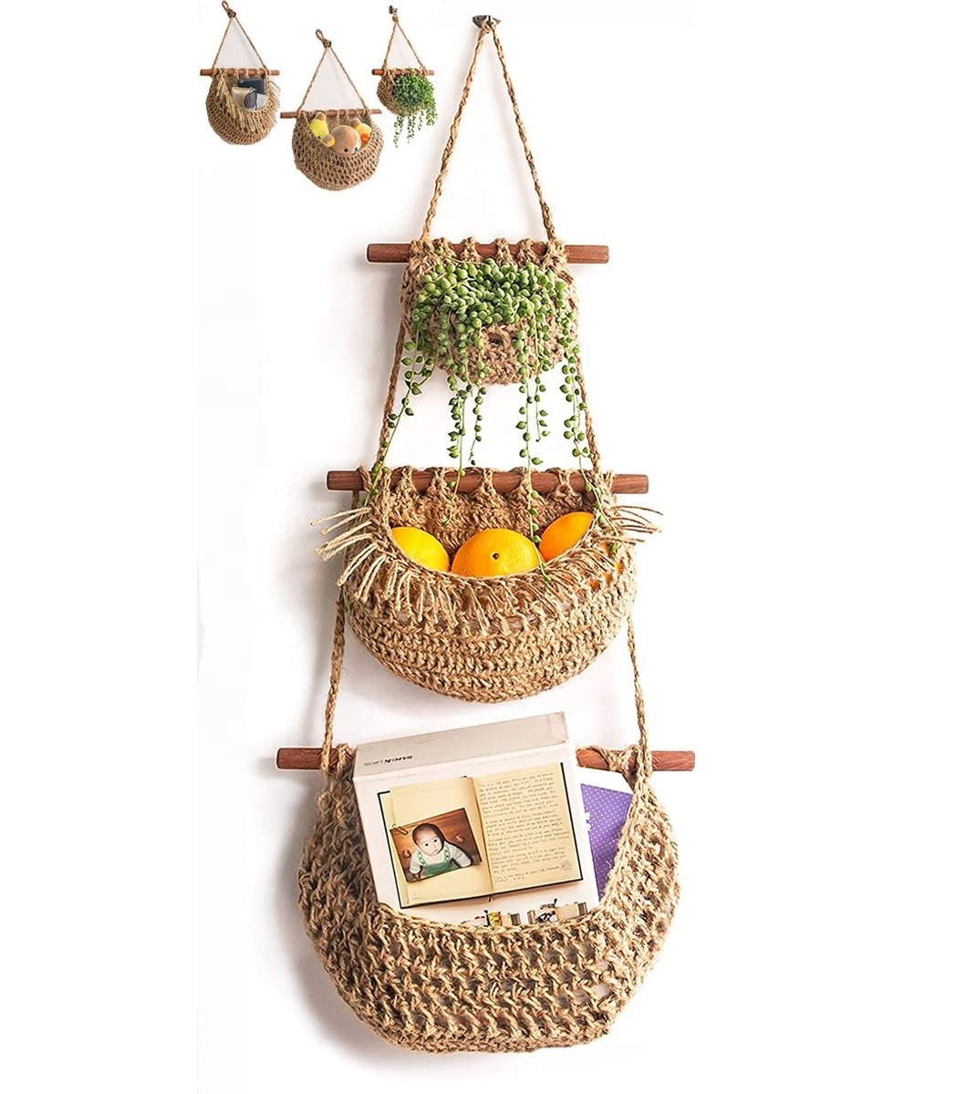 3-Tier Hanging Fruit Basket - Basket Plant Hanger - Handmade Cotton Rope Fruit Bowl Hanging Basket - Boho Hangable Etagere