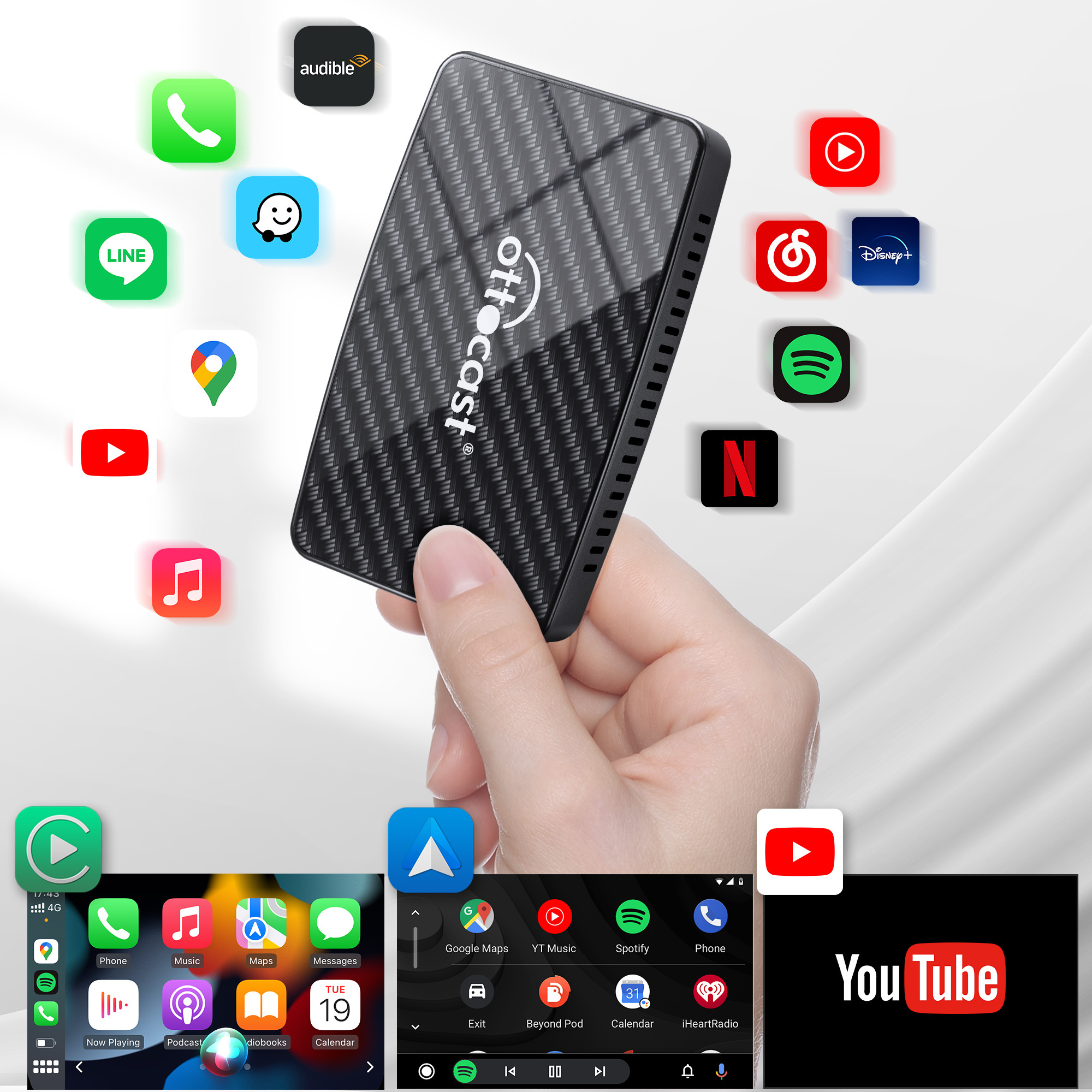 Ottocast Play2video wireless Carplay android auto 4 in 1 box with USB port support Youtube Netflix