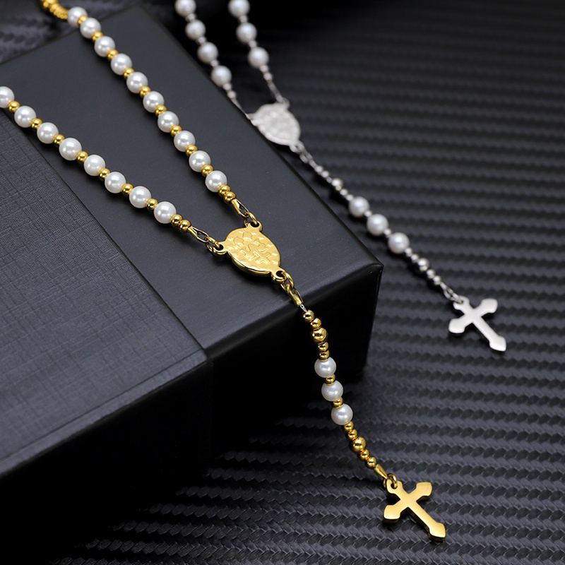 Wholesale Stainless Steel Catholic Religious Articles Rosary Necklace Jewelry Pearl Prayer Beads Chain Rosary Necklaces