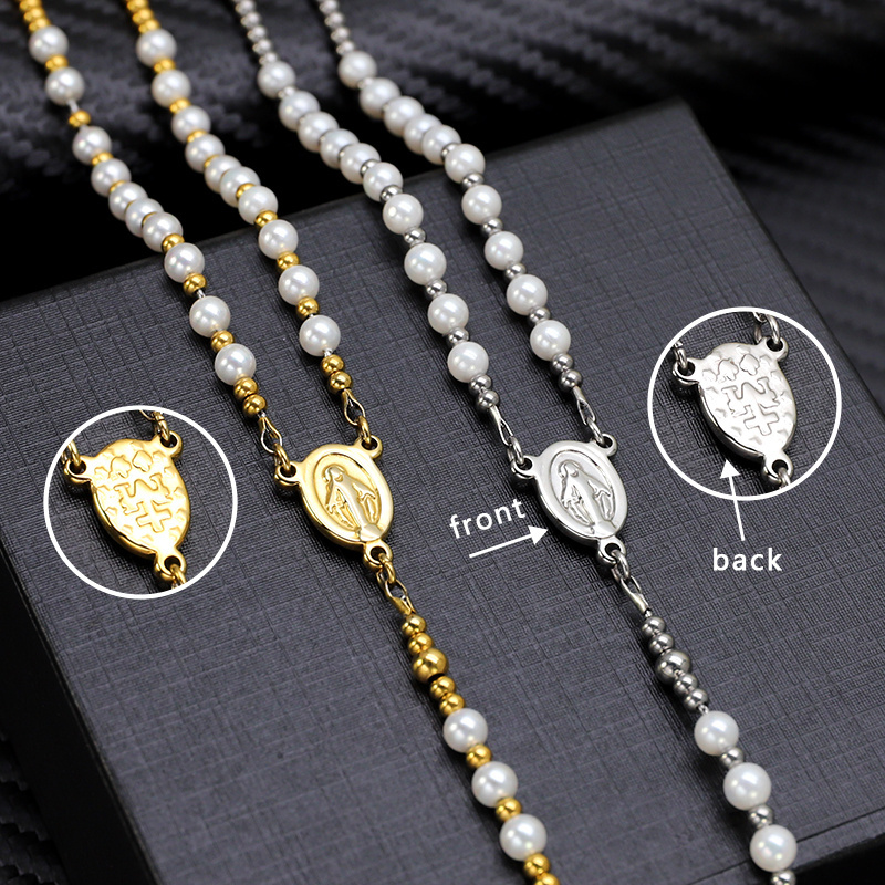 Wholesale Stainless Steel Catholic Religious Articles Rosary Necklace Jewelry Pearl Prayer Beads Chain Rosary Necklaces